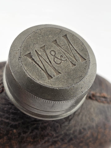 Rare Antique C1920 Whyte & Mackay Leather Wrapped Scotch Flask Pewter Sleeve Cup