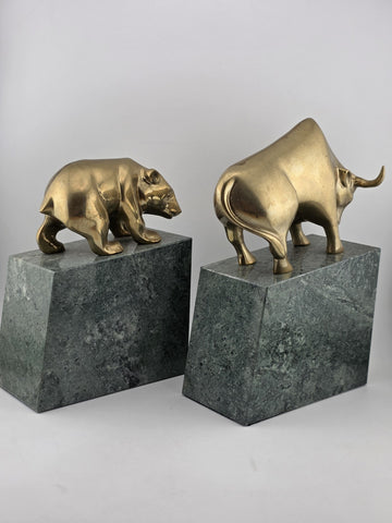 Book Ends Stock Market Bull & Bear MCM Brass and Marble Wall Street Bookends