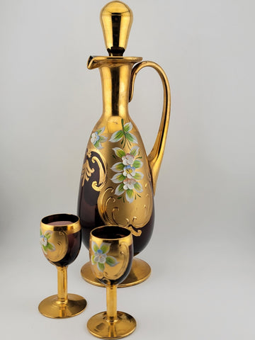 Vintage Murano Italy Ruby Red & Gold handpainted W Roses Decanter & 2 Glasses