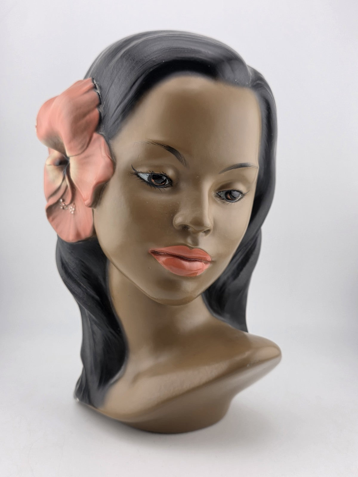 Vintage Hawaiian Hula Girl Bust Marwal Chalkware w/ Hibiscus 9.5" t 1950's MCM
