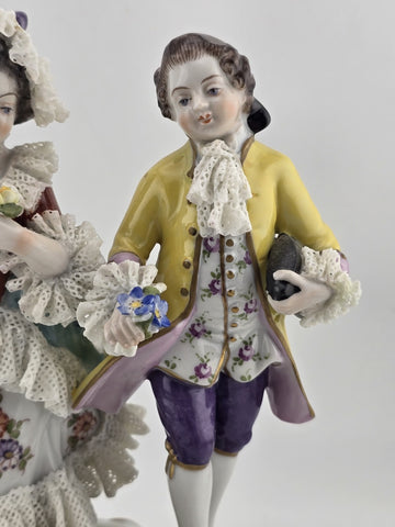 Vintage MCM Volkstedt Dresden Lace Porcelain Figurine GDR Courting Couple Rococo
