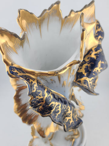 Rare Antique 19th C Porcelain Iris Spill Vase Gold Gilt Cobalt Floral. 11 Inch