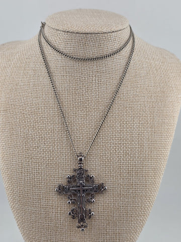 Vintage Russian Orthodox Sterling Silver Slavonic Cross Pendant & Avery Necklace