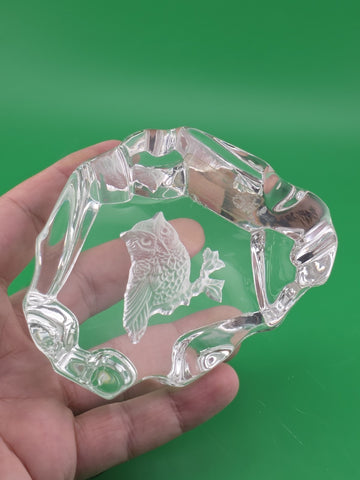 Crystal Paperweight Etched Owl On Branch Art Glass Clear