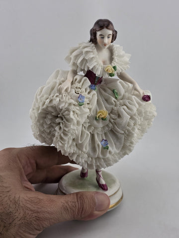 Antique Dresden Lace Porcelain Figurine Lady Dancer Flowers Germany MZ Crown 7”