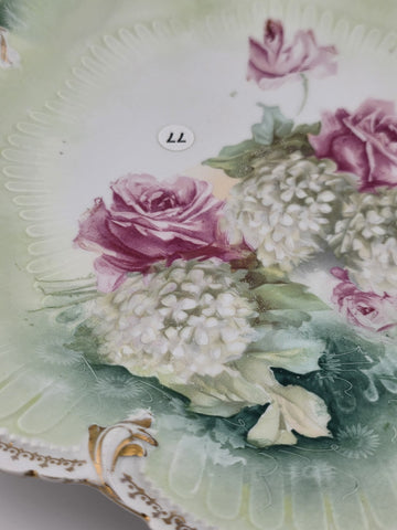 Antique R.S. PRUSSIA RED MARK PORCELAIN Plate w/ ROSES DECORATION & 2 HANDLES