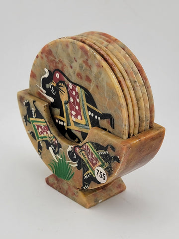 Rare Set Handcrafted Marble Soapstone 6 Coaster Elephant Painted Art India