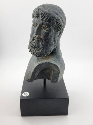 Vintahe Zeus sculpture statue on black marble base green aged color effect