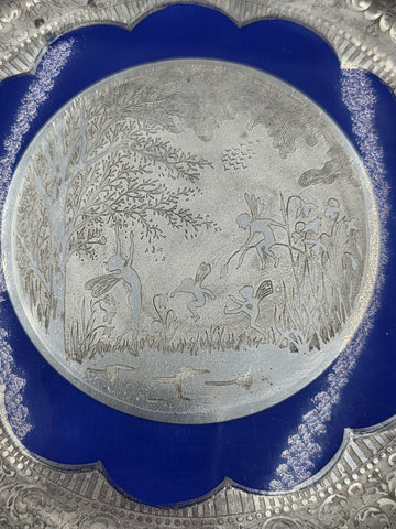 Set of 3 Antique Czech Silver Inlaid Blue Enamel Fairy Plates c.1910 Art Nouveau