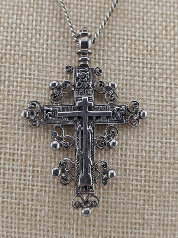 Vintage Russian Orthodox Sterling Silver Slavonic Cross Pendant & Avery Necklace