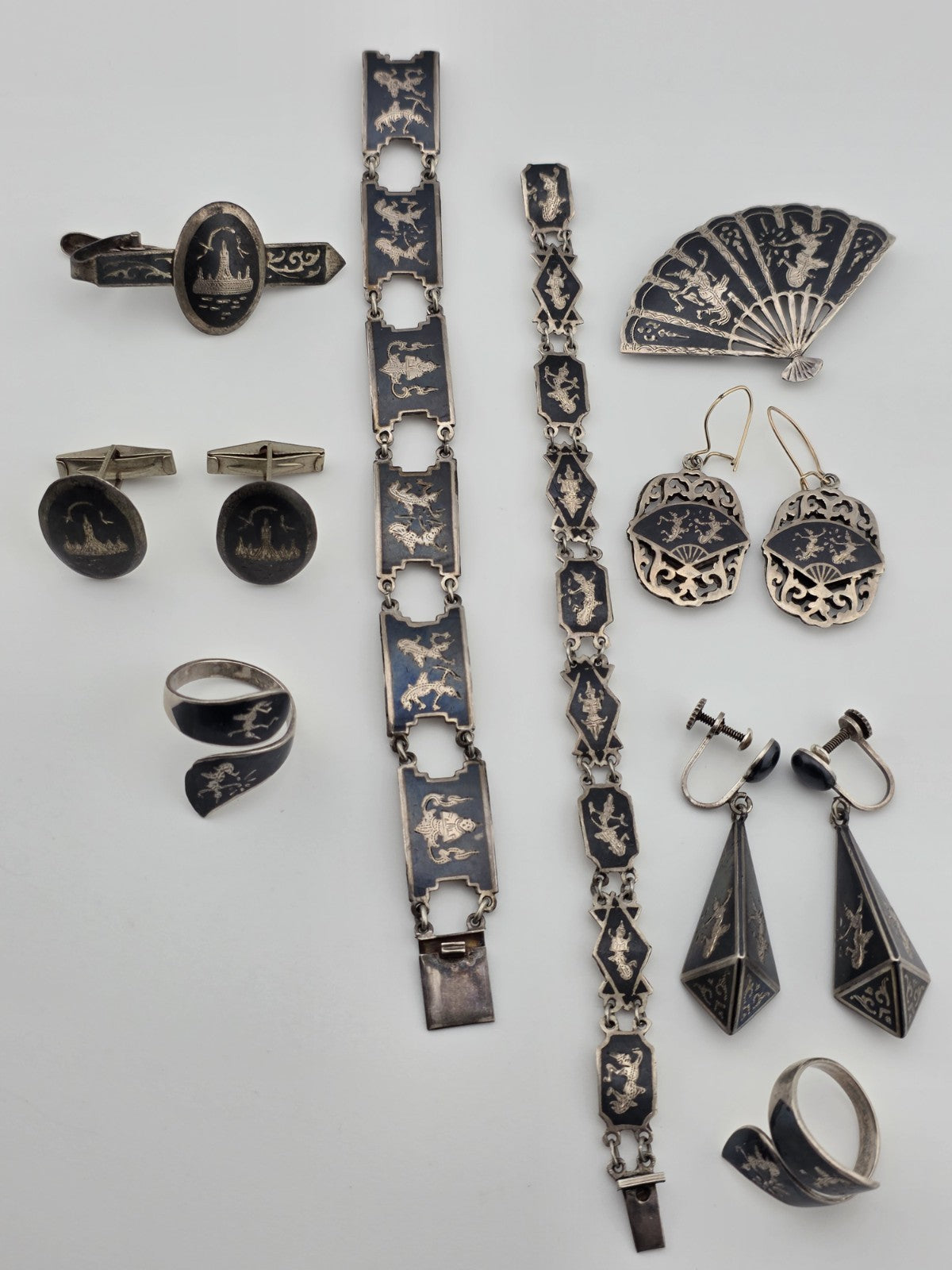 Rare Antique 1940s Siam Sterling Silver Niello Jewelry His And Hers Complete Set