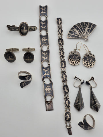 Rare Antique 1940s Siam Sterling Silver Niello Jewelry His And Hers Complete Set