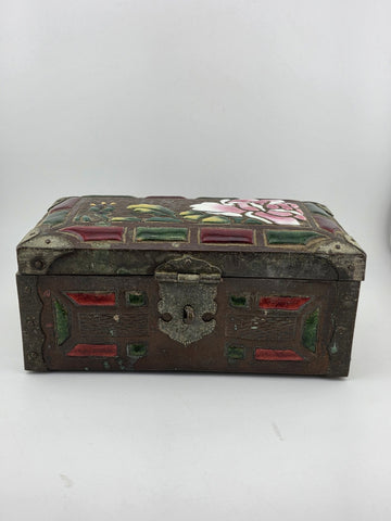 RARE ANTIQUE JAPANESE COPPER  BRASS-BOUND JEWELRY BOX W RAISED ENAMEL DECO MEIJI