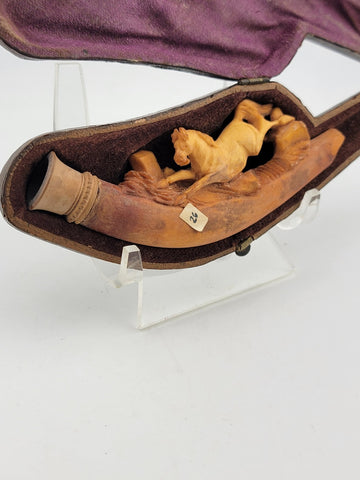 Antique 19th C Horse Theme German Meerschaum Cigarette Holder W Original Case.