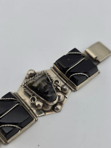 VINTAGE Mexican TAXCO STERLING SILVER 925 BRACELET & Earrings Obsidian Tribal.