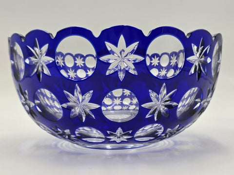 Rare Vintage Bohemian Hand Cut Crystal Glass Blue to Clear bowl SIGNED 8.75”