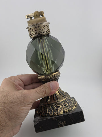 Rare Antique Bohemian Amber Cut Crystal & Brass On Marble Ornate Table Lighter.