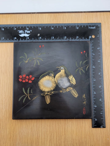 Japanese Wajimaya Lacquerware Asian Art Plaque Birds On Branch Painted Tile Vtg