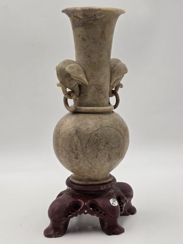 Antique Chinese Carved Hardstone Vase Elephant Ring Handles Stone Stand 12"