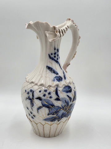 Antique 19th C Royal Worcester 1892 Porcelain Blue & Gold Floral Relief Pitcher