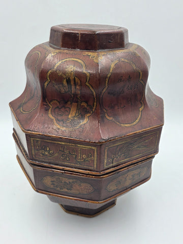 Early 19th C Chinese Qing Dynasty Red Lacquer Wedding Gift Basket Gilt Figures
