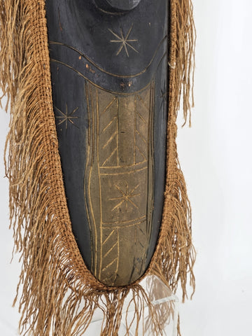 Vintage 40” West African Hand Carved Wood Mask Raffia Fringe Tribal Wall Art