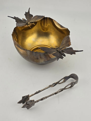 Antique 1920's Silver Plate Sugar Tongs & Bowl W Butterfly Set In Original Box