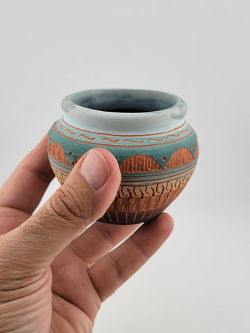 NAVAJO ENGRAVED RED CLAY POTTERY, GLAZED INSIDE VASE. *SIGNED T. TOM DINI "2000"