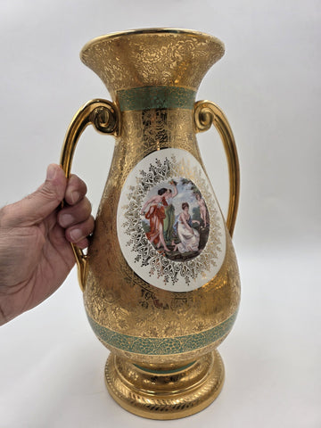 Pair Vintage Le Mieux 24 Karat Gold Handled Vases Victorian Scene Ladies Cherubs