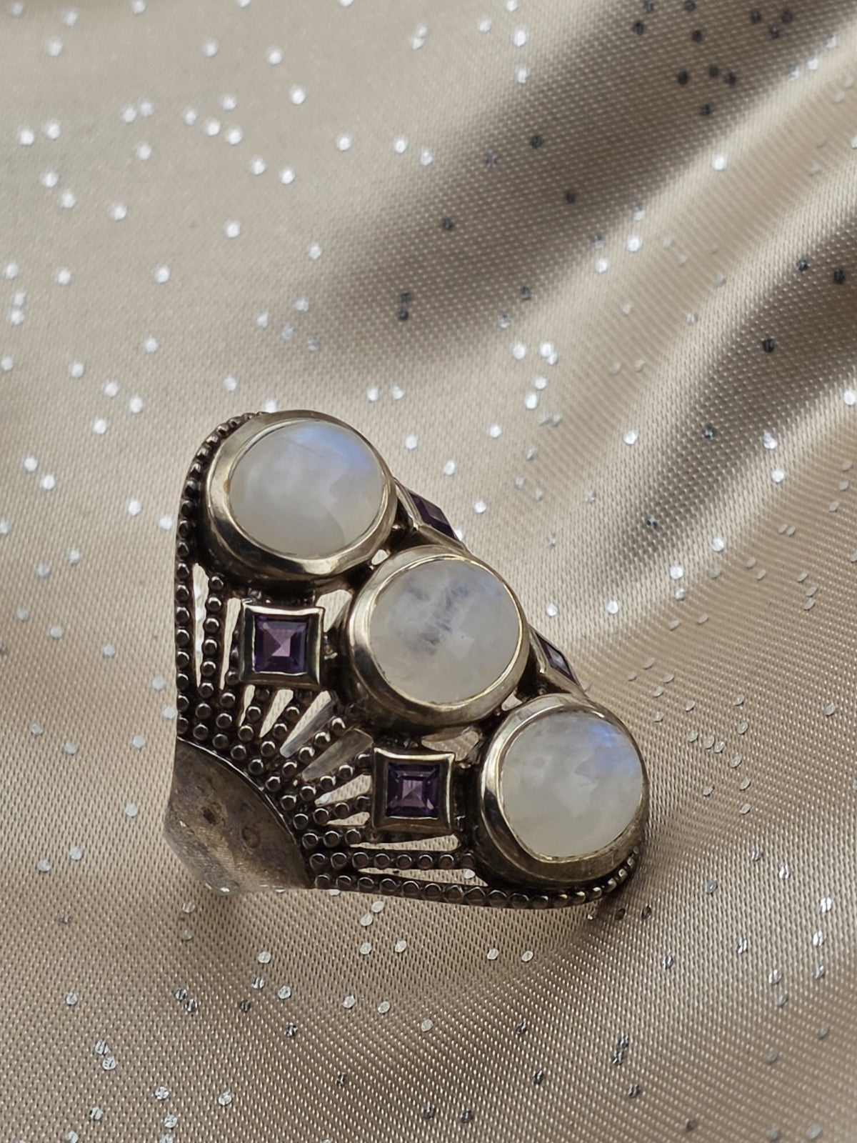 Rare Himalayan Gems 3-Moonstone & Amethyst Multistone Sterling Silver Ring. 9.5