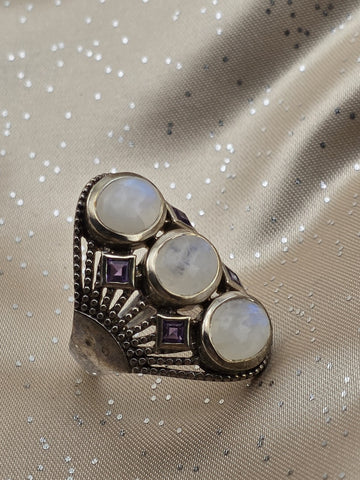 Rare Himalayan Gems 3-Moonstone & Amethyst Multistone Sterling Silver Ring. 9.5