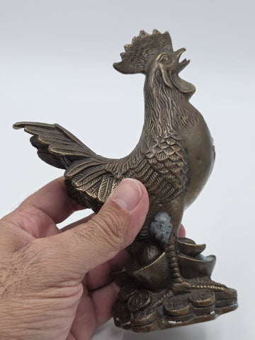 Pair Antique Chinese Bronze Rooster Hen Chicken Figures Qianlong Mark Auspicious