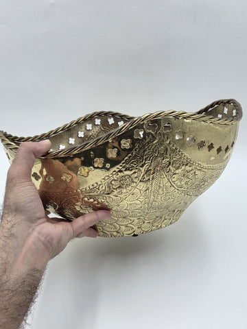 Large Antique Hand Hammered Brass Pierced Floral Bowl Jardiniere Rope Rim