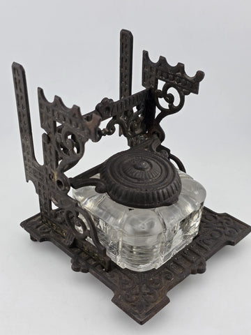 Antique TATUM'S Postal Ink Stand Cast Iron Glass Inkwell Quill & Envelope Holder
