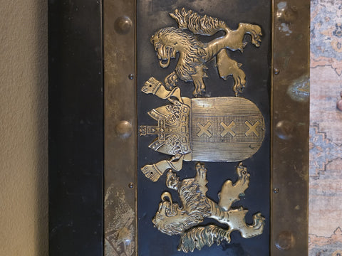 Private: RARE ANTIQUE 19TH C CONTINENTAL BRASS BOUND KINDLING BOX W ARMORIAL.
