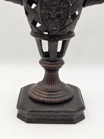 Antique Heavy Bronze Neoclassical Urn Ram Head Handles Pierced Vase Empire Style