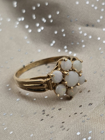 Private: Antique 10K Solid Gold Natural Opal Cluster Ring Floral Estate Size.