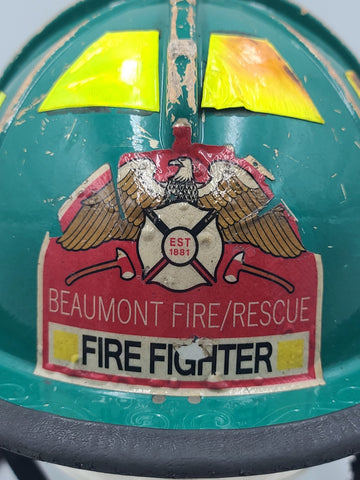 MSA Cairns 1010 2020 Green Firefighter Helmet Front Visor. Seen Fire Action.