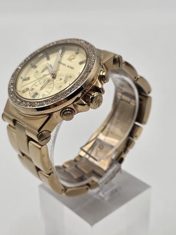 Michael Kors MK5386 Gold Tone Crystal Bezel Chronograph Watch 43mm Date
