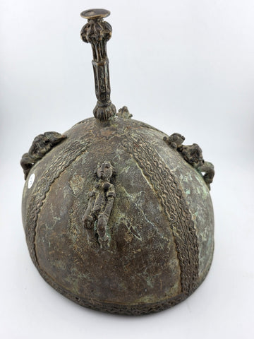 Early 20th C Luba Congo Bronze Ritual Vessel Lid w/ Figures African Tribal Art