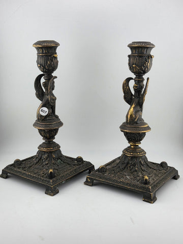 Ultra Rare 19th Century Egyptian Revival Gilt Bronze Sphinx Candlestick Holders