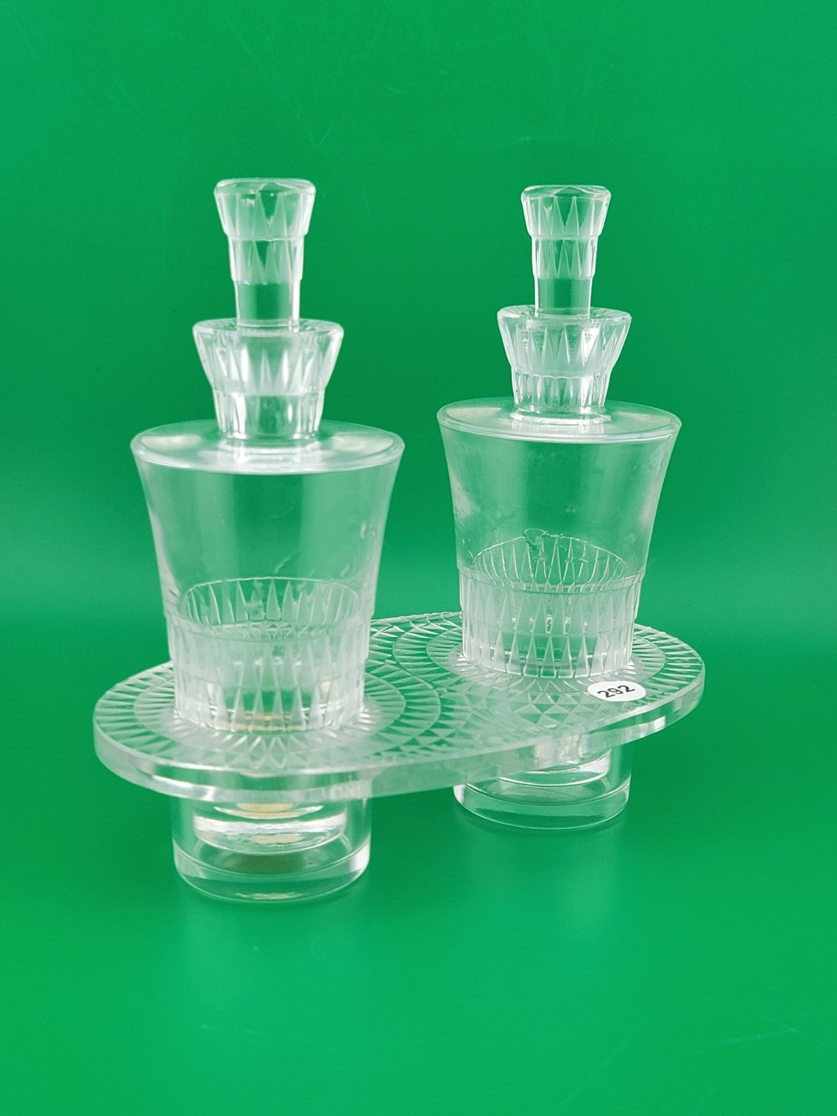 Rare Antique Lalique Crystal "Bourgueil" Oil & Vinegar Cruet Set. Excellent Cond