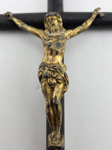 Rare Antique 19th C Crucifix Metal Jesus On Wood Cross W Rare Tips Memento.