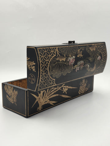 Rare Vintage Chinese Lacquer Scroll Box Gold Gilt Floral Birds Document Case