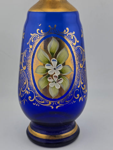 Antique Set Of 1900s Blue Glass Gold Flower Petal Leaf Decanter Mini Glasses.