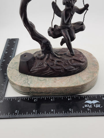 Antique Bronze Statue After Moreau Angel Swinging from Tree On A Marble Base.