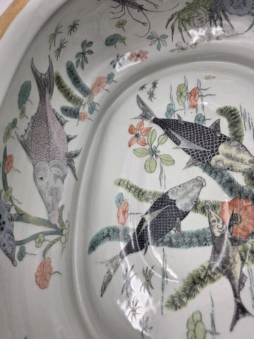 Antique XL Chinese handpainted Red porcelain 24kt gold Oval Footbath, Jardiniere