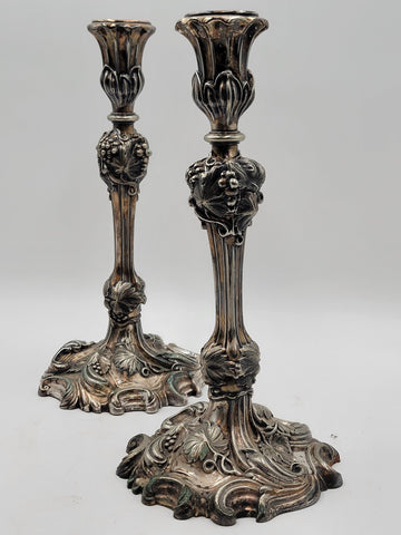 Rare Pair of Antique 1857 English Victorian Silver Plated Elkington Candlesticks
