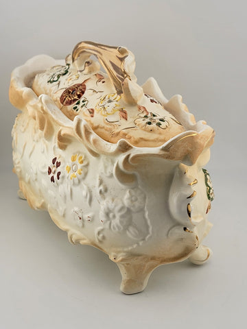 Antique Japan Hand Painted Gravy Boat w Handles and Lid Decorative Display Piece