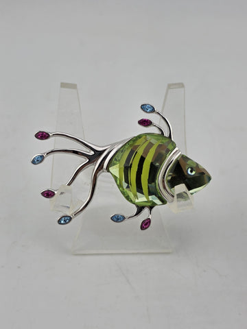 Rare Swarovski Rhodium Plated Green Crystal Fish Brooch Pin W Stafforshire Vase